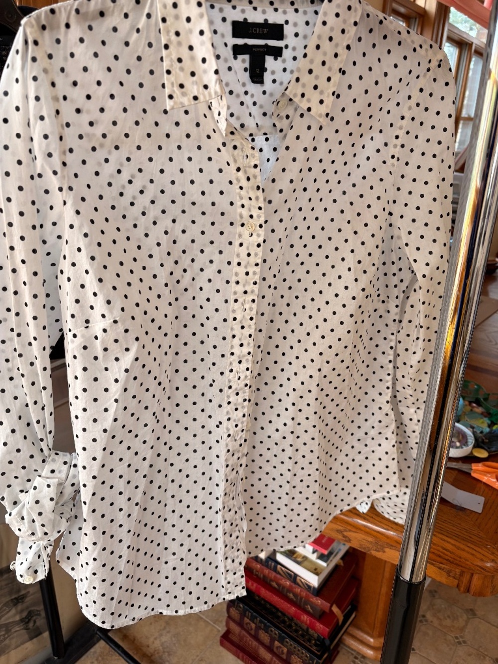 J Crew White Buttondown Collared Oxford Shirt with Black Polka Dots
